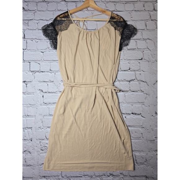 La Perla Slip Style Blush Beige Cream Black Lace Sleeve Wrap Waist Dress New 44 - Picture 1 of 11